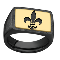 Large Horizontal Rectangle signet ring (20x14.5mm) in Zirconium, with a Wide style band, a 14K Yellow Gold inlay and a Fleur De Lis engraving.