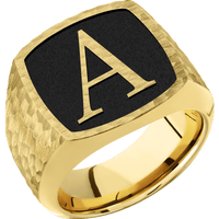 Large Cushion signet ring (18x18mm) in 10K Yellow Gold, with a Wide style band and a Book Antiqua 1 Rev engraving.
