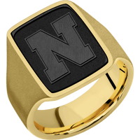 Large Rectangle signet ring (20x14.5mm) in 14K Yellow Gold, with a Wide style band, a Zirconium inlay and a Nebraska Block N Rev engraving.
