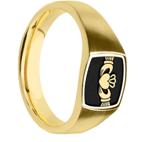 Small Cushion signet ring (10x10mm) in 10K Yellow Gold, with a Wide style band, a 14K Yellow Gold inlay and a Claddagh 4 engraving.