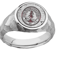 Medium Circle signet ring (14mm) in Platinum, with a Wide style band, a Meteorite inlay and a Stanford University Seal engraving.