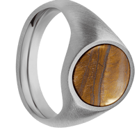 Medium Oval signet ring (16x13mm) in Titanium, with a Wide style band, a Tigers Eye inlay.