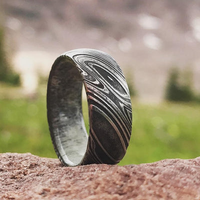 Woodgrain Kuro Damascus Steel Men's Band with Antler Sleeve Custom Made