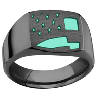 Medium Cushion signet ring (14x14mm) in Zirconium, with a Wide style band and an American Flag engraving.