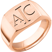 Medium Cushion signet ring (14x14mm) in 14K Rose Gold, with a Wide style band and a Book Antiqua 3 engraving.