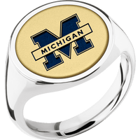 Large Circle signet ring (18mm) in Cobalt Chrome, with a Thin style band, a 14K Yellow Gold inlay and a Michigan Michigan M Banner engraving.