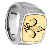 Large Cushion signet ring (18x18mm) in Titanium, with a Wide style band, a 14K Yellow Gold inlay and a Fleur De Lis engraving.