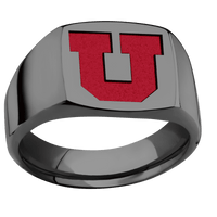 Medium Cushion signet ring (14x14mm) in Zirconium, with a Wide style band and an Utah Block U engraving.