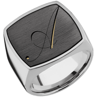 Extra Large Cushion signet ring (22x22mm) in Titanium, with a Wide style band, a Zirconium inlay and a Kunstler Script 1 engraving.