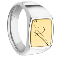Medium Cushion signet ring (14x14mm) in Palladium Silver, with a Wide style band, a 14K Yellow Gold inlay and a Kunstler Script 1 engraving.