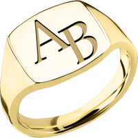 Medium Cushion signet ring (14x14mm) in 14K Yellow Gold, with a Thin style band and a Book Antiqua 2 engraving.