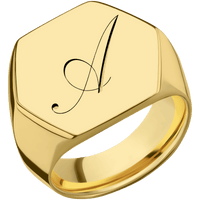 Extra Large Hexagon signet ring (23x20mm) in 14K Yellow Gold, with a Wide style band and a Kunstler Script 1 engraving.