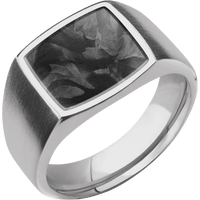 Medium Cushion signet ring (14x14mm) in Titanium, with a Wide style band, a Forged Carbon Fiber inlay.