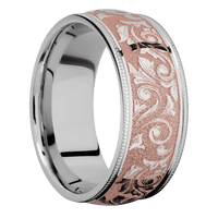 9mm wide Domed Milgrain Edges Titanium Ring with Polish Finish / Western Scroll Design and Rose Gold Cerakote Accents