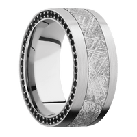 9mm wide Flat 10k White Gold Ring with Satin Finish / Side Eternity Round .01 carat Black Diamond Bead Channel-Set Gemstones / One 5mm Centered Meteorite Inlay