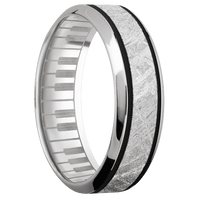 7mm wide High Bevel 18k White Gold Ring with Polish Finish / One 3mm Centered Meteorite Inlay and Black Cerakote Accents / Piano Interior Pattern