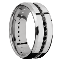 8mm wide Beveled 14k White Gold Ring with Polish Finish / Eternity Round .03 carat Black Diamond Channel-Set Gemstones