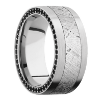 9mm wide Flat 14k White Gold Ring with Satin Finish / Side Eternity Round .01 carat Black Diamond Bead Channel-Set Gemstones / One 5mm Centered Meteorite Inlay