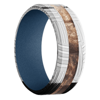 8mm wide Beveled Basketweave Damascus Steel Ring with Polish Damascus Finish / One 3mm Centered Maple Burl Inlay / Polar Blue Cerakote Sleeve