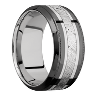 10mm wide High Bevel Milgrain Black Zirconium Ring with Polish Finish / One 5mm Centered 14k White Gold Inlay with Polish Finish / One 3mm Centered Meteorite Inlay / Inconel Sleeve