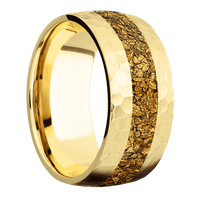 10mm wide Domed 10k Yellow Gold Ring with Hammer Finish / One 4mm Centered 24k Raw Gold Nugget Inlay