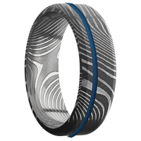 7mm wide Beveled Flattwist Damascus Steel Ring with Acid Damascus Finish / One 1mm Off Center Ridgeway Blue Cerakote Inlay
