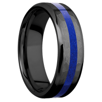 7mm wide Beveled Black Titanium Ring with Hammer Finish / One 2mm Centered Lapis Inlay