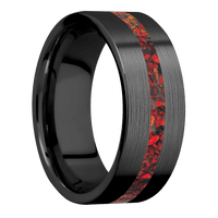 8mm wide Flat Black Titanium Ring with Satin Finish / One 2mm Centered Ruby Red Opal Inlay