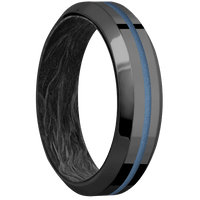 6mm wide High Bevel Black Titanium Ring with Polish Finish / One 1mm Centered Polar Blue Cerakote Inlay / Forged Carbon Fiber Sleeve