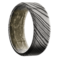 8mm wide Beveled Damascus Steel Ring with Acid Damascus Finish / MossyOak Bottomland Camo Sleeve