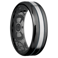 7mm wide Beveled Black Zirconium Ring with Bead Blast Finish / One 2mm Centered Palladium Silver Inlay with Bead Blast Finish and Blue Titanium Cerakote Accents / Gears Interior Pattern