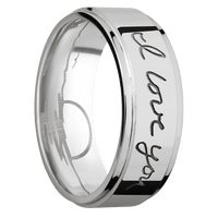8mm wide Flat Grooved Edges 18k White Gold Ring with Polish Finish / Hand Writing Design / Beach Interior Pattern