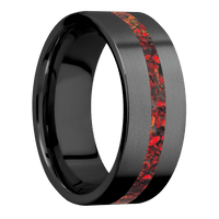 8mm wide Flat Black Zirconium Ring with Bead Blast Finish / One 2mm Centered Ruby Red Opal Inlay