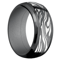 10mm wide Domed Bevel Black Titanium Ring with Satin Finish / One 6mm Centered Scale Damascus Steel Inlay with Tumble Kuro Damascus Finish / Crushed Silver Cerakote Sleeve