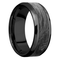 8mm wide Beveled Black Zirconium Ring with Bead Blast Finish / One 5mm Centered Forged Carbon Fiber Inlay