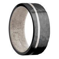 8mm wide Flat Black Titanium Ring with Hammer Finish / One 1mm Off Center Palladium Silver Inlay with Hammer Finish / Antler Sleeve