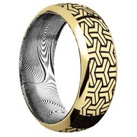 8mm wide Domed Bevel 14k Yellow Gold Ring with Polish Finish / Geoweave Design and Black Cerakote Accents / Tightweave Damascus Steel Sleeve