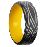 8mm wide High Bevel Zebra Damascus Steel Ring with Acid Damascus Finish / Corvette Yellow Cerakote Sleeve