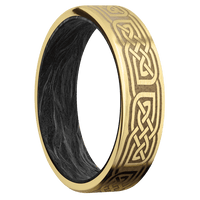 6mm wide Flat 14k Yellow Gold Ring with Satin Finish / Celtic 17 Design and Coyote Tan Cerakote Accents / Forged Carbon Fiber Sleeve