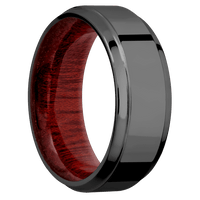 8mm wide Stepped Bevel Black Titanium Ring with Polish Finish / Blood Wood Sleeve