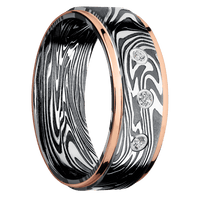 8mm wide Flat Grooved Edges Kinetic Damascus Steel Ring with Tumble Kuro Damascus Finish / Two 1mm Edge 14k Rose Gold Inlay with Polish Finish / 3 Round .03 carat Standard Lab Grown Diamond Bezel-Set Gemstones