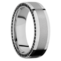 7mm wide Flat Platinum Ring with Polish Finish / Side Eternity Round .01 carat Black Diamond Bead Channel-Set Gemstones / One 4mm Centered Platinum Inlay with Sand Blast Finish