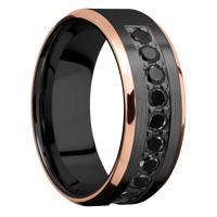 8mm wide Beveled Black Zirconium Ring with Satin Finish / Two 1mm Edge 14k Rose Gold Inlay with Polish Finish / Half Eternity Round .07 carat Black Diamond Bead-Set Gemstones