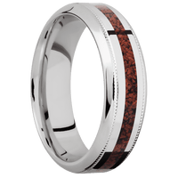 7mm wide High Bevel Milgrain Inconel Ring with Polish Finish / One 2mm Centered Red Dinosaur Bone Inlay