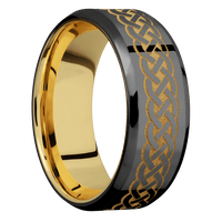 8mm wide Beveled Black Zirconium Ring with Polish Finish / Celtic 9 Design and Gold Cerakote Accents / 10k Yellow Gold Sleeve