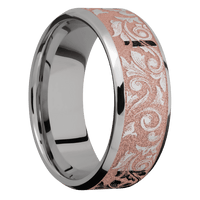 8mm wide Beveled Titanium Ring with Polish Finish / Western Scroll Design and Rose Gold Cerakote Accents