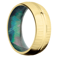 8mm wide Domed Center Round 14k Yellow Gold Ring with Treebark 1 Finish / Black Mother of Pearl Sleeve