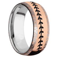 8mm wide Domed Superconductor Ring with Bead Blast Etched Superconductor Finish / One 5mm Centered 14k Rose Gold Inlay with Satin Finish / Baseball Inlay Design and Black Cerakote Inlay Design Accents / Titanium Sleeve