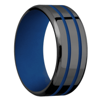 9mm wide Beveled Black Titanium Ring with Polish Finish / Two 1mm Centered Royal Blue Cerakote Inlay / Royal Blue Cerakote Sleeve