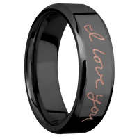 7mm wide Beveled Black Titanium Ring with Polish Finish / Hand Writing Design and Rose Gold Cerakote Accents